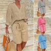 Women Suits Two Piece Set Half Sleeve V-Neck Casual Loose Shirt + Pocket Belt Shorts