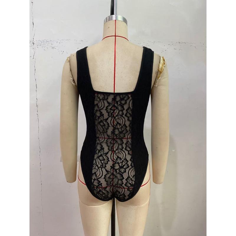 Женский летний сексуальный кружевной комбинезон без рукавов с открытой спиной черного цвета