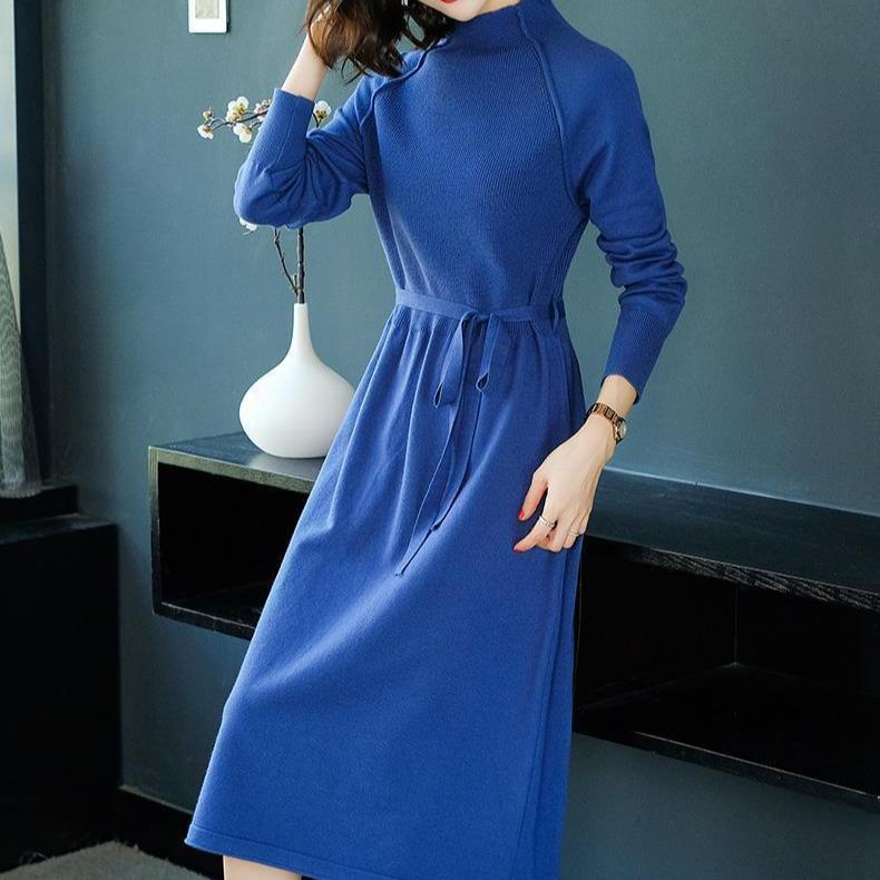 Повседневное платье-свитер для женщин, средней длины, с высоким воротником, вязаный свитер, большого размера, однотонный пуловер, вязаное платье с длинными рукавами
