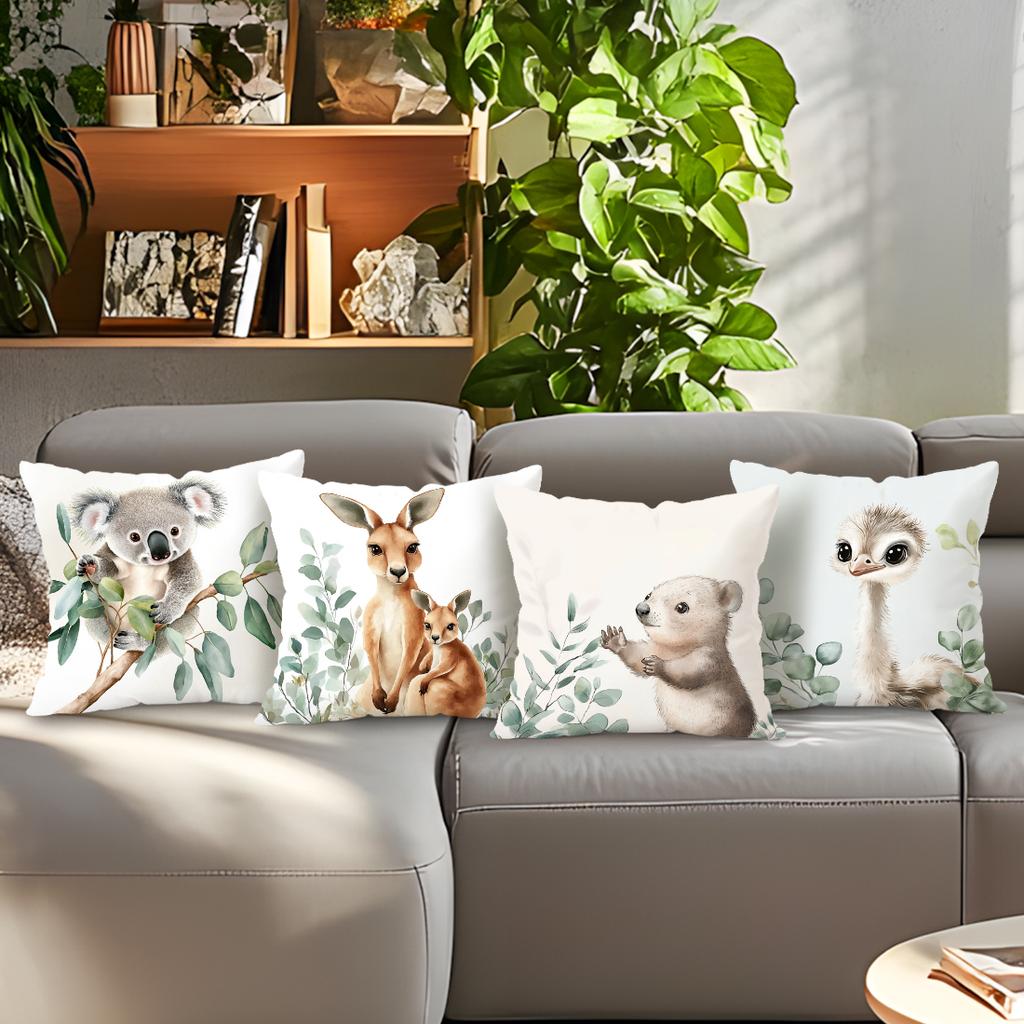 4 Pcs Cute Animals Single-Sided Printed Pillowcase Cushion Cover,Suitable For Living Room,Bedroom,Car Decoration