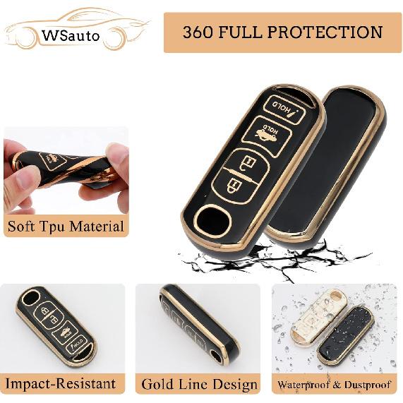 For Mazda Key Fob Cover Soft 3 4 Buttons TPU Protection Car Key Case Shell With Fashion Gold Bling Keychain Compatible With Mazda 3 6 8 Miata MX-5
