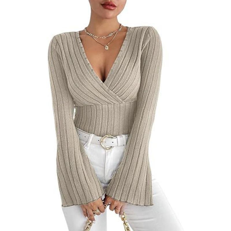 YYFS Women's Fashion Casual Spring Fall Solid Color Print Long Sleeve V-Neck Blouses & Shirts