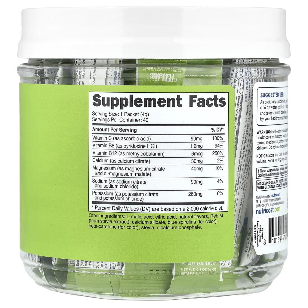 Electrolyte, Advanced Hydration Complex, Green Apple, 40 Stick Packs, 4G (0.1Oz) Each