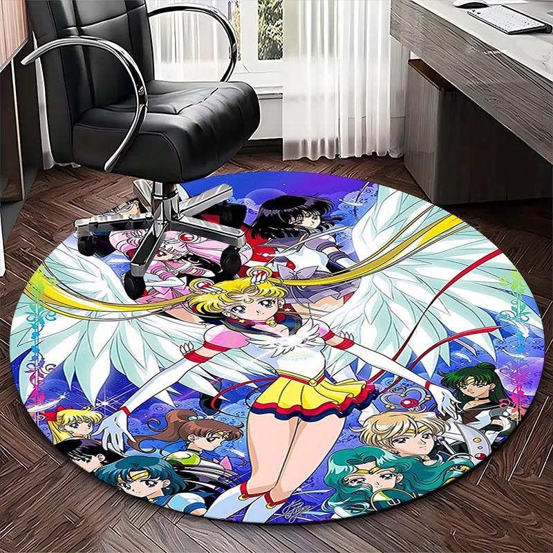 1pc Sailor Moon Anime Cartoon Design Round Carpet Office Chair Mat, NonSlip Rug for Home Decor, Living Room, Bedroom, Game Room
