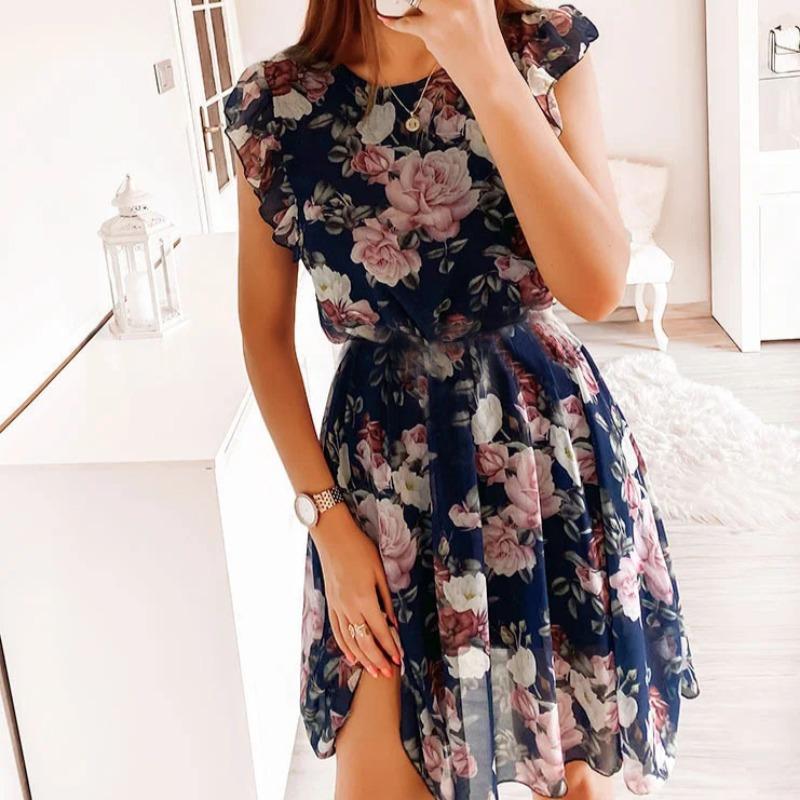 IHUASU Summer Holiday Style Ruffle Short Sleeve Chiffon Printed Rose Dress