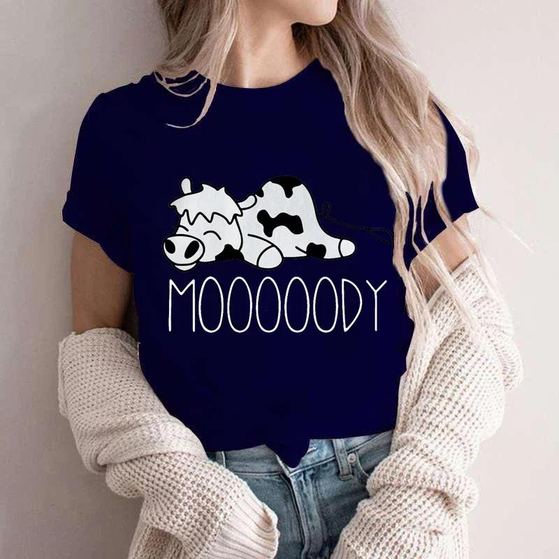 Moooody Cow Kawaii Футболки Женские Летние Забавные Футболки Ленивая Корова Животное Футболки Короткий Рукав Одежда Летняя Прохлада Стиль Футболка