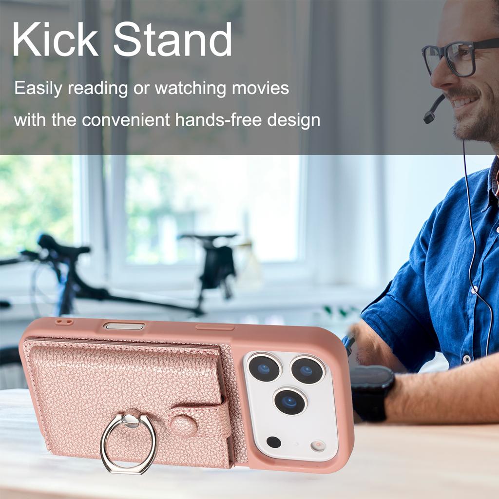 For iPhone 17 Pro Case with Ring Kickstand Drawing Type Card Slots Leather Back Cover