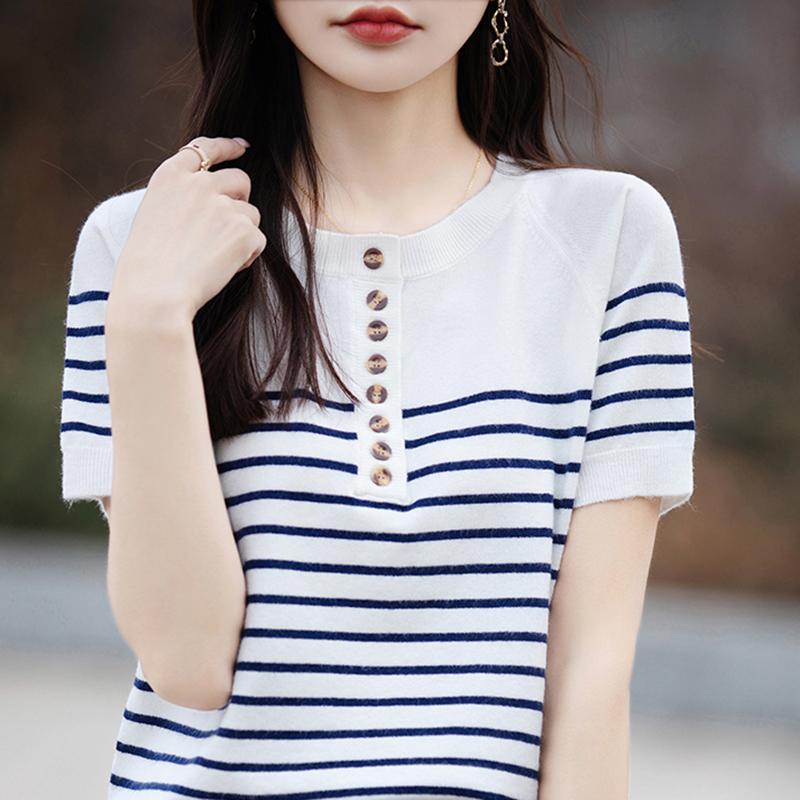 Женская вязаная футболка MODERN NEW SAGA, летняя вязаная рубашка, полосатые футболки с короткими рукавами, пуловер с круглым вырезом, вязаные топы