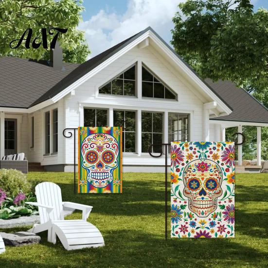 Garden Flags Day of The Dead Flag, 12x18 Inch Floral Skull Decorative Yard Signs Mexican Gothic Skeleton Flowers Double-Sided Burlap Banner for Patio,