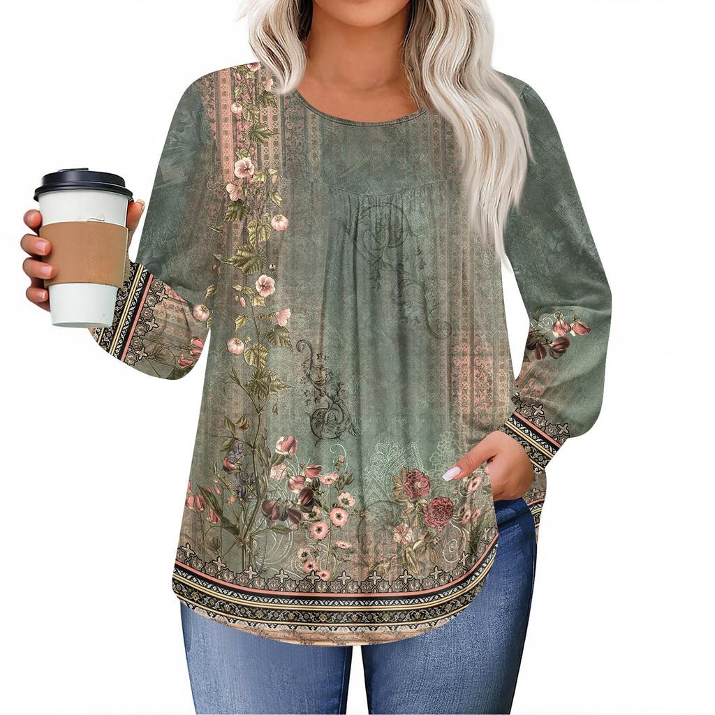Womens Plus Size Tops Long Sleeve Shirts Round Neck Flowy Tunic Casual Loose Blouse L-5X