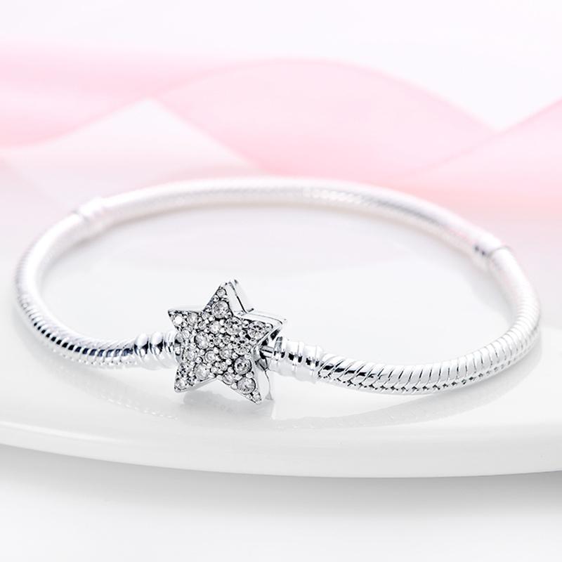 925 Silver Color Charm Bracelet Rose Golden Color Daisy Flower Barrel Clasp Snake Chain Sliding Bangle Women Jewelry