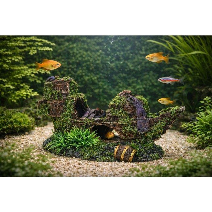 Décoration aquarium épave de bateau cachettes effet mousse 18 cm