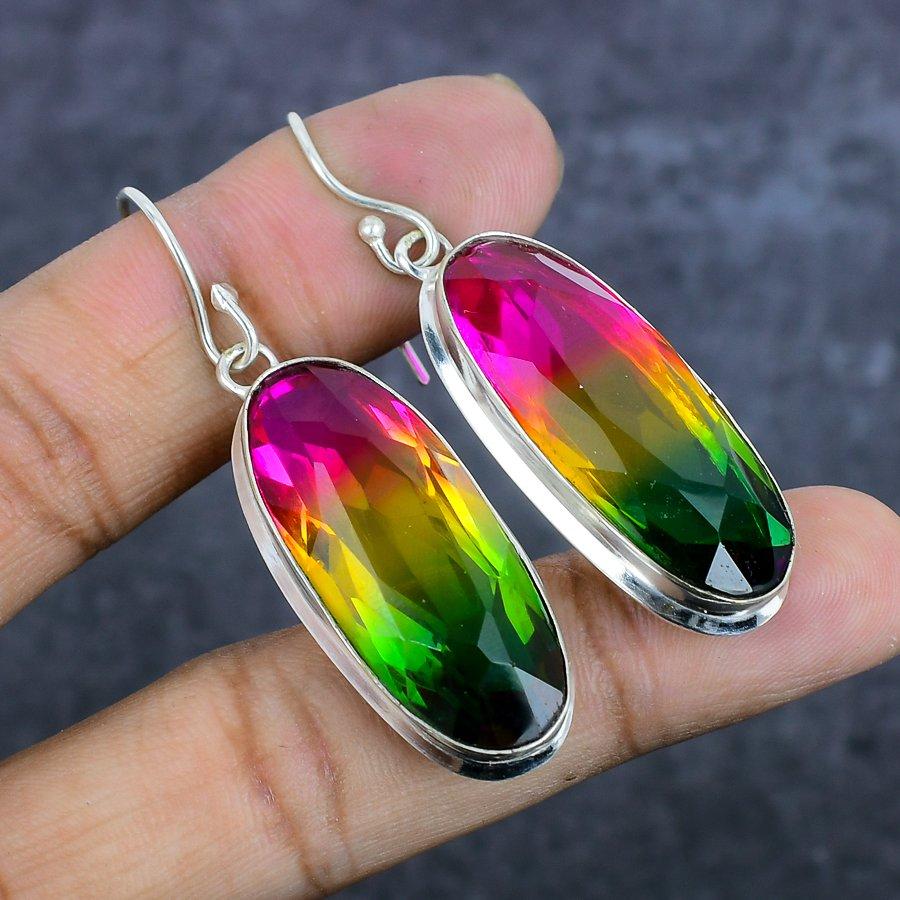 Bi-Color Tourmaline Gemstone Handmade 925 Sterling Silver Earring 2.09" c9R92