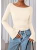 2025 Autumn Slim Fit Women's Boat Neck Bell Sleeve Ruched Top - Solid Color, Long Sleeve