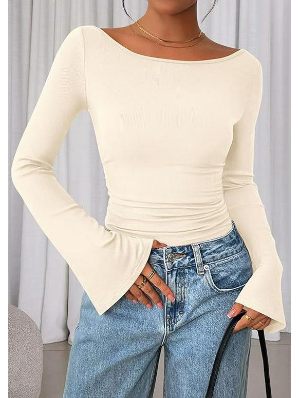 2025 Autumn Slim Fit Women's Boat Neck Bell Sleeve Ruched Top - Solid Color, Long Sleeve