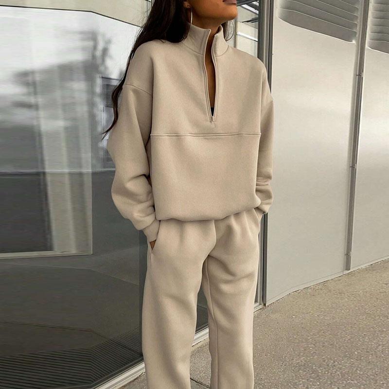 Женский однотонный свободный повседневный спортивный костюм из двух частей, комплект из осенне-зимнего комплекта с воротником-стойкой, застежкой-молнией, длинными рукавами, толстовка с капюшоном, прямые длинные брюки
