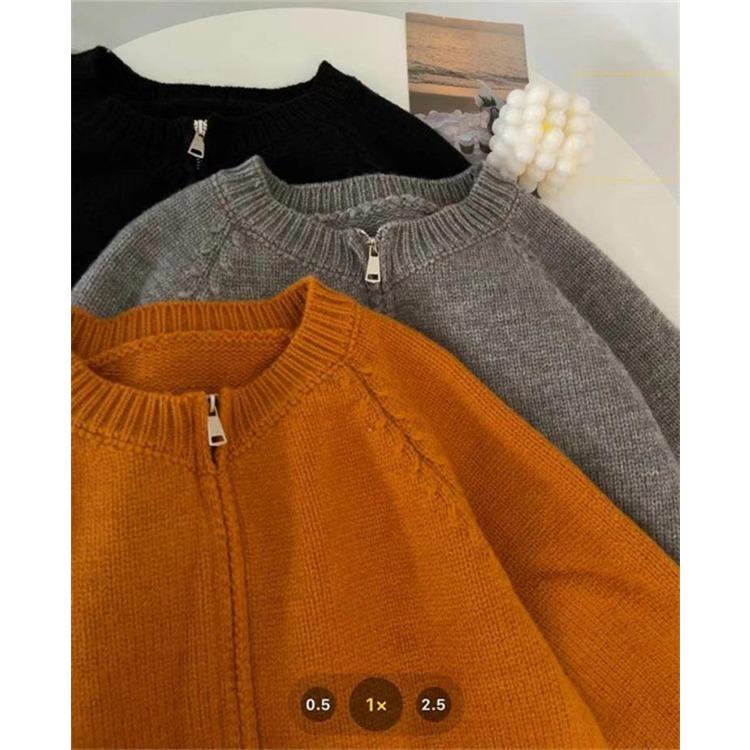 Korean Style Short Solid Color Knitted Sweater for Women New Double Zipper Knitted Cardigan Top