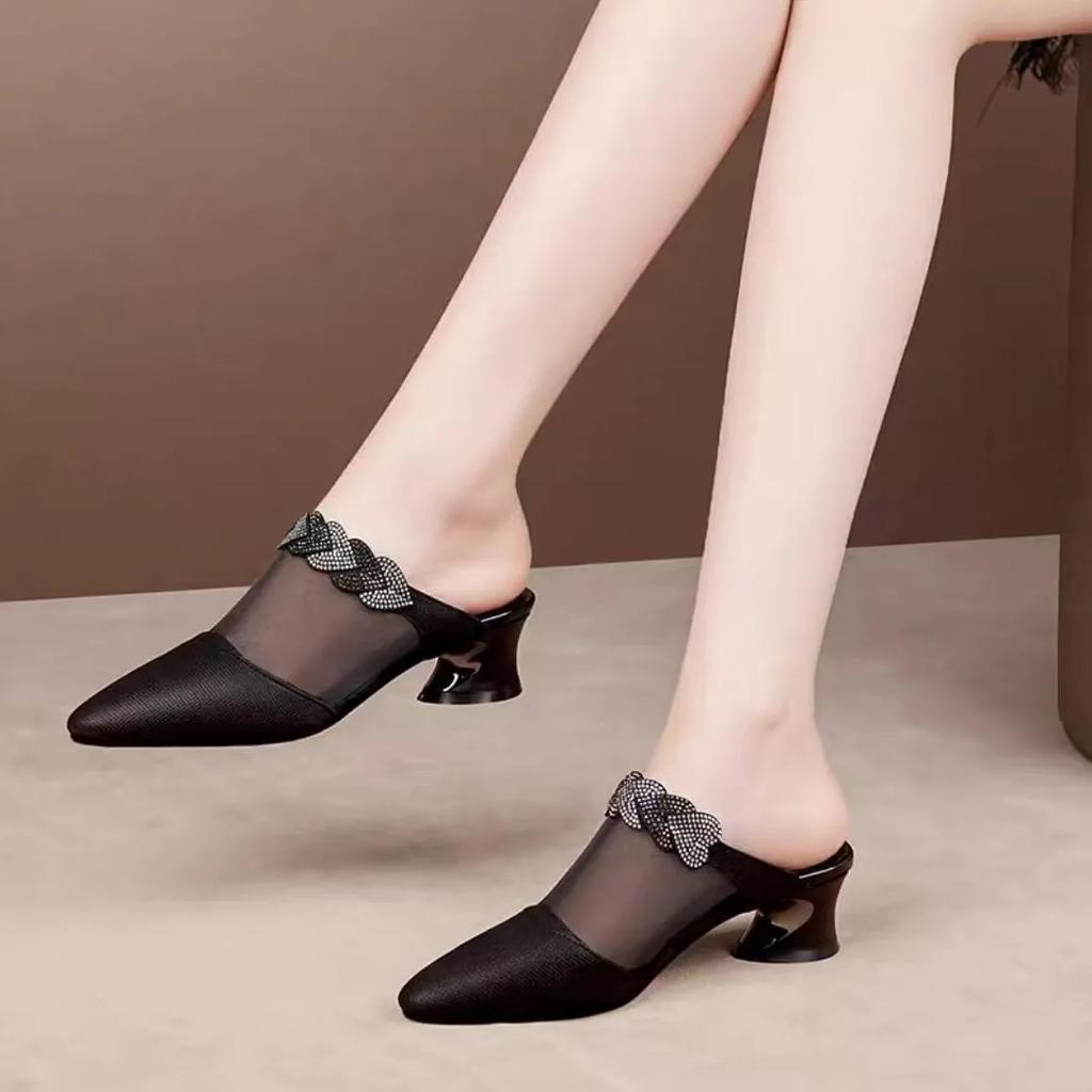 Sapatos Femininos Women Fashion Pointed Toe Mesh Transparent Summer Square Heels Lady Casual Sweet Heel Shoes A7016