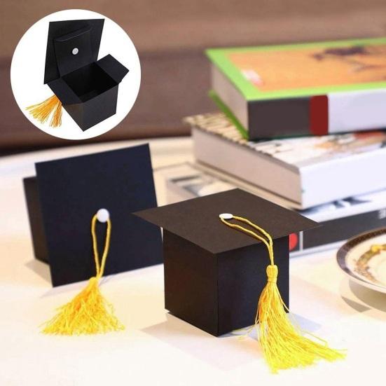50Pcs Graduation Hat Candy Boxes with Tassels Square Chocolate Goodies Snack Paper Storage Boxes Party Favors Treat Packaging Boxes