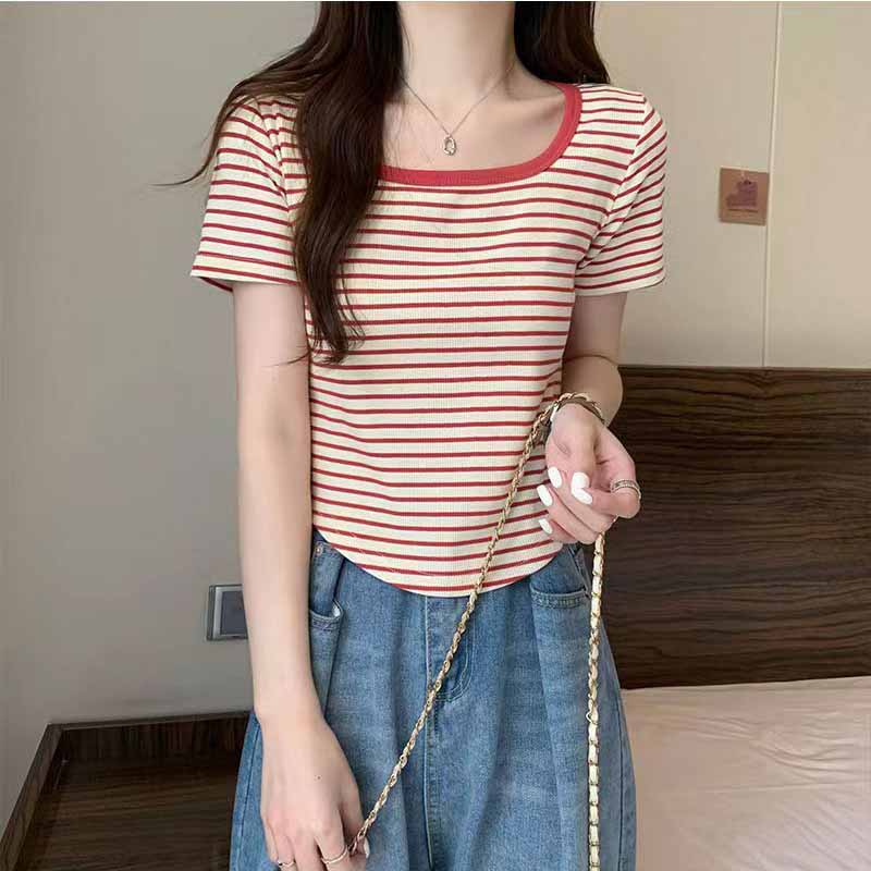 Футболка с коротким рукавом, корейская повседневная модная рубашка с U-образным вырезом, топы, женская однотонная полосатая футболка
