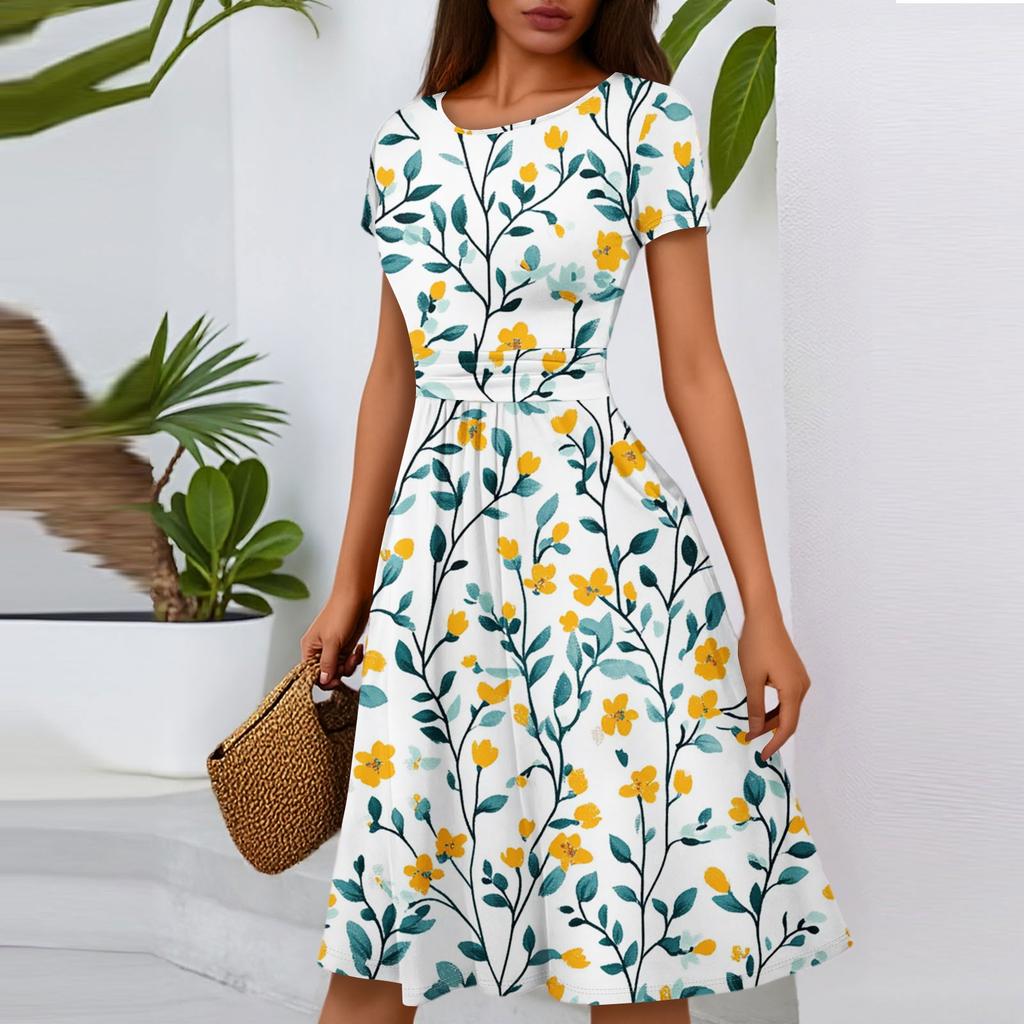 Women's Casual Fashion Round Neck Pleated Short Sleeve Floral Print A-Line Midi Dress