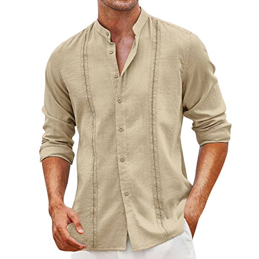Cotton Linen Shirt Stand Up Collar Men's Shirt Casual Buttons Summer Beach Vacation Tops Grey Black White Khaki Shirts
