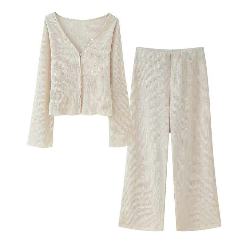 Kaslead New Women clothes Western Style Fashion Texture Sense V-neck Long sleeve Top Loose Straight Pants Set