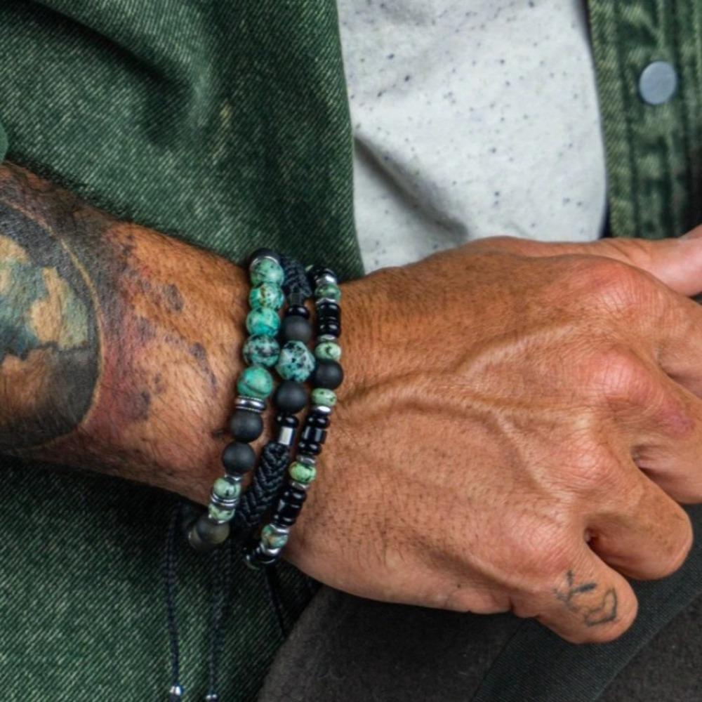 Vacation Style Stacked Bracelet Retro Men's Beaded African Pine Black Agate Woven Elastic Bracelet Women