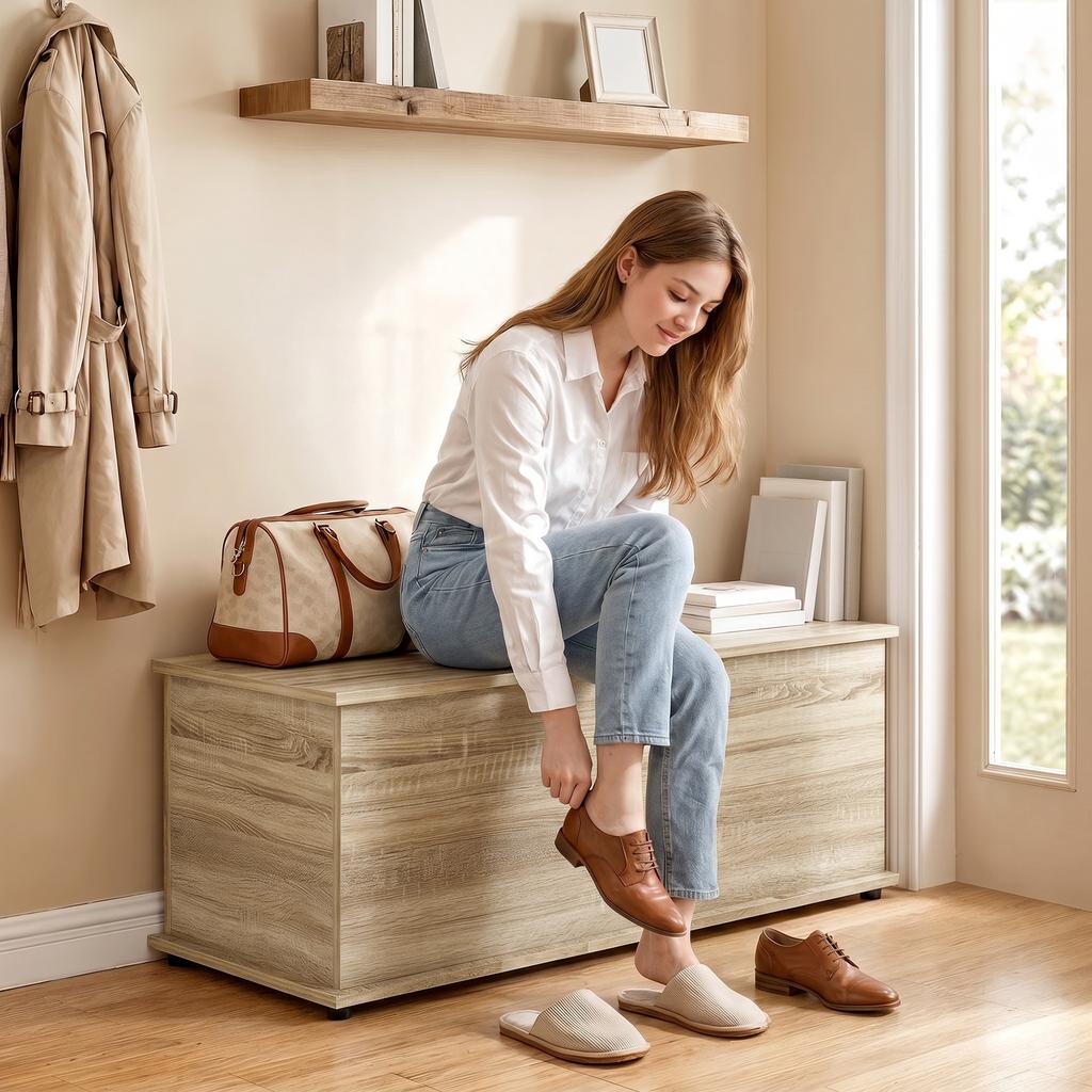 Storage chest, storage bench with hinged lid and safety hinges, 100 x 40 x 40 cm, natural