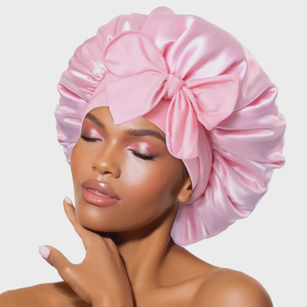 High Elastic Satin Nightcap with Wide Brim & Bow for Salon Hair Care
