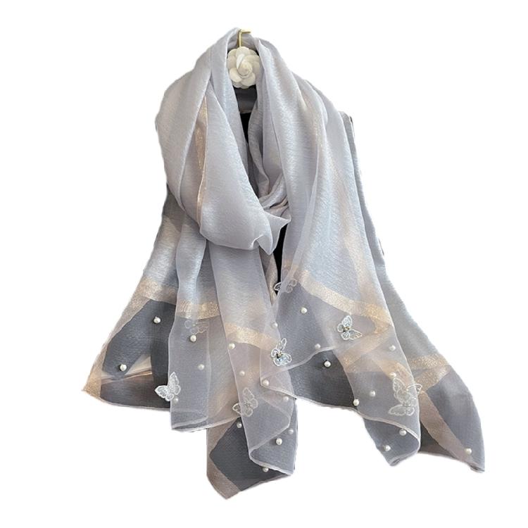 Stylish Butterfly Design Polyester Scarf Women Hijab Shawl Stole Wrap Beaded Accents Fashion Accessory