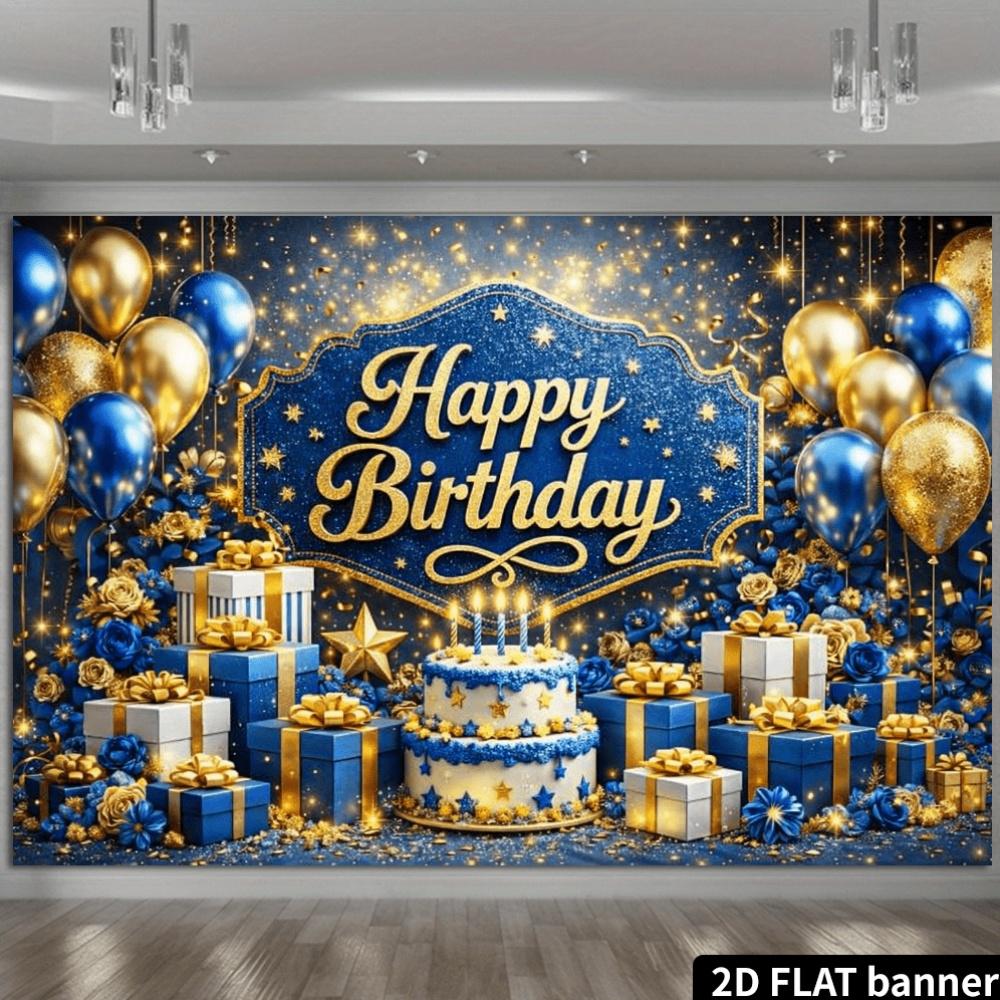 2D planar dark blue gold luxurious birthday party backdrop with the center featuring the golden "Happy Birthday" text.PMJ
