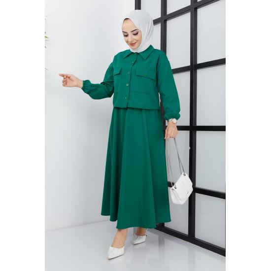 Женский хиджаб с карманом на пуговицах и эластичной расклешенной юбкой с манжетами