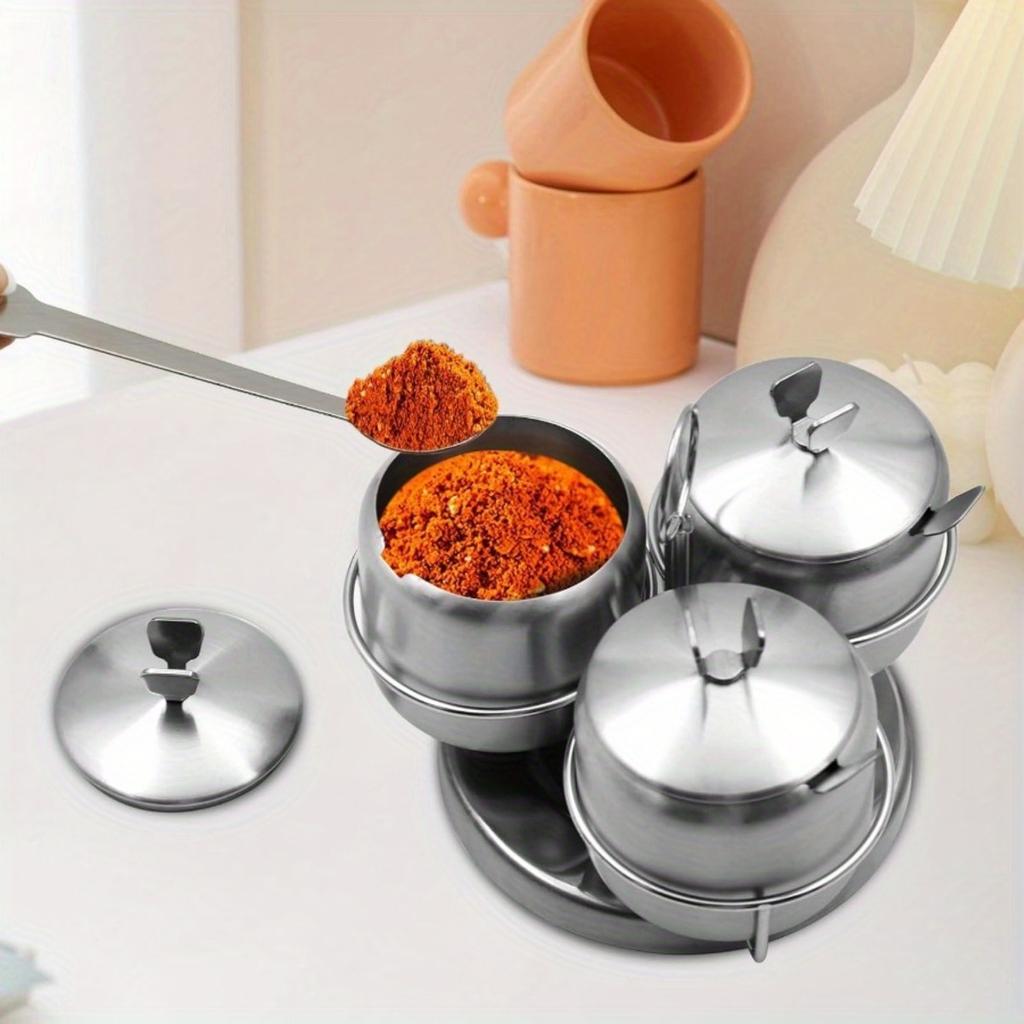 3 Pcs Stainless Steel Seasoning Condiment Jars, Revolving Sugar Bowl Coffee Pot Rotating Spice Jar Set with Rack Spice Container with Lid and Spoon