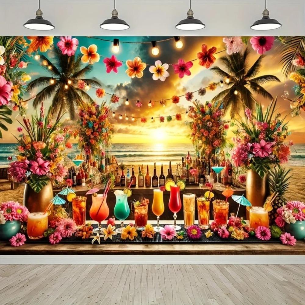 Hawaiian Tropical Scenery Bar Theme Banner Backdrop Cocktail Green Plants Suitable for Bar Friends' Party Photography Backdrop