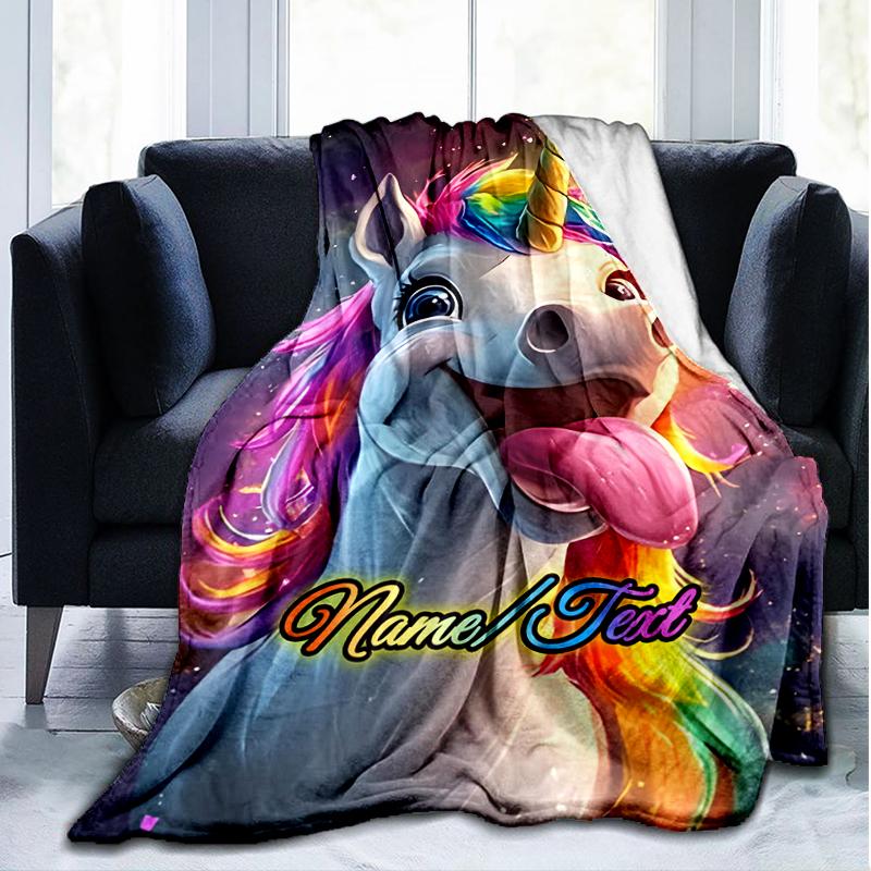 1PC Custom Name Rainbow Unicorn Fantasy outdooor Flannel blankets Throw Blanket All-Season Throw Gift Bedspread for Couch, Bed, Camping Holiday Birthd