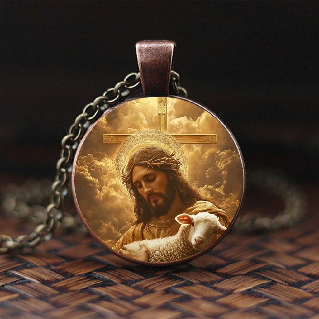 Jesus Holding A Lamb Necklace Pendant, Christian Jesus Glass Pendant Necklace Accessory