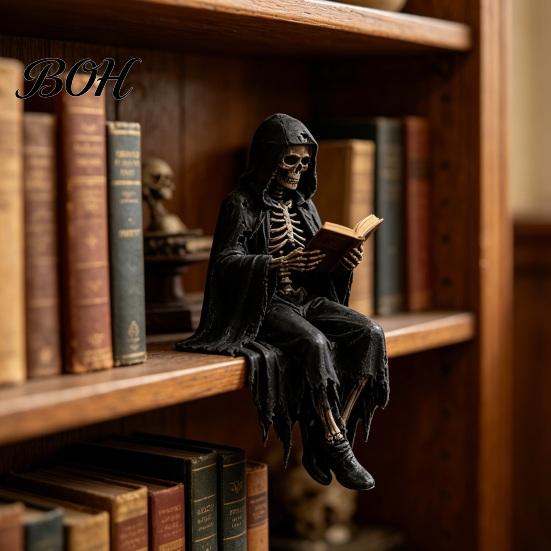 Skeleton Reader Figurine Gothic Dark Fantasy Figure, Reading Book Statue, Academy Bookshelf Ornament Home Decor for Library Office Study Room