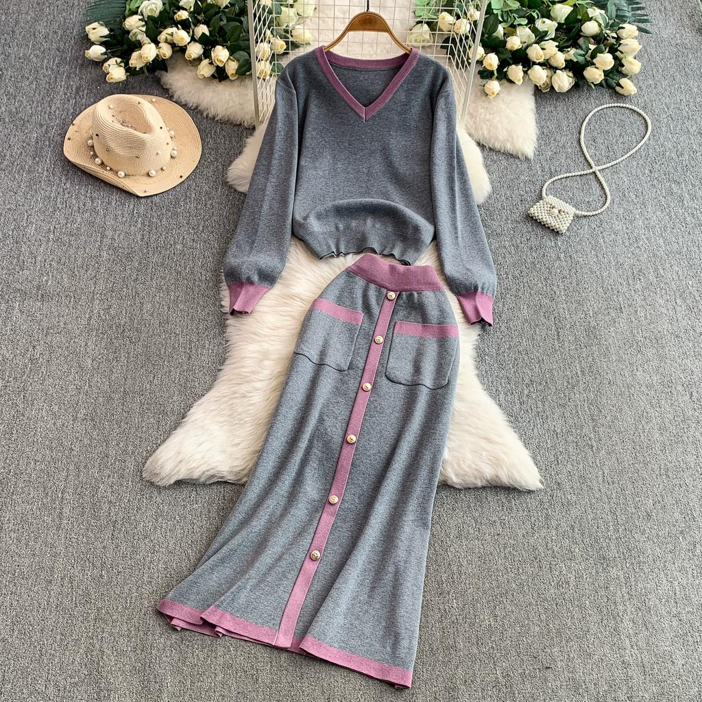 Autumn Winter Women Casual Knitted Sweater Two Piece Set V-neck Pullover Tops and Long Maxi Big Swing Skirt Suit