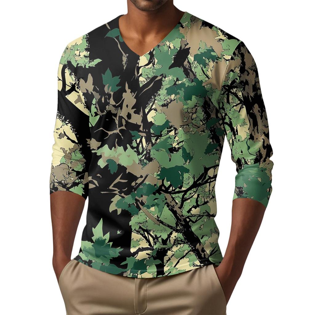 Мужская футболка с V-образным вырезом, повседневная, модная, с принтом, с длинным рукавом