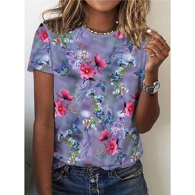 Футболка с принтом «Цветы и бабочки», повседневный топ с круглым вырезом и короткими рукавами для весны и лета, женская одежда