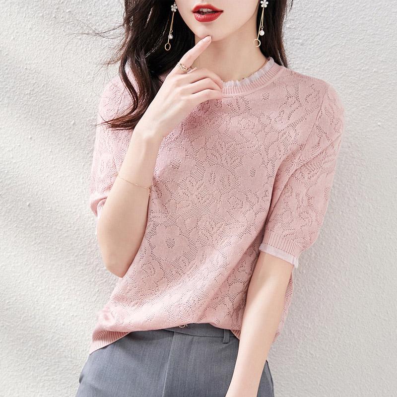 Женские свитера, пуловеры 2025 Лето Короткий рукав О-образный вырез Белый вязаный свитер Женские топы Пуловер JJ320