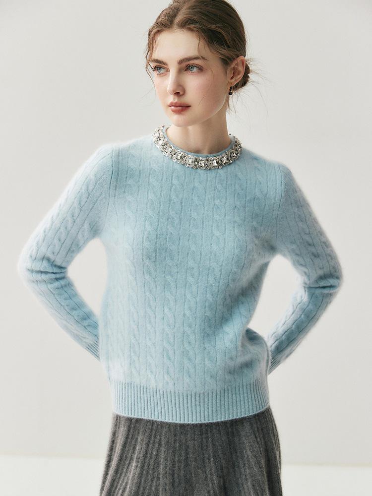 Elegant Women's Cashmere Sweater: Autumn/Winter Style, Round Neck with Rhinestones, Cable Knit Pullover.
