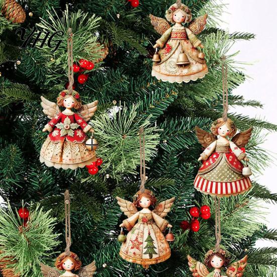 Indoor Party Ornament Set 6Pcs Vintage Angel Wooden Ornaments, Christmas Hanging Decor Interior Door Frame Decorations with Jute String, Rustic