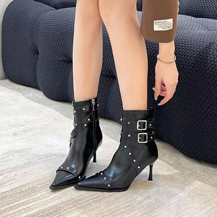 Ботильоны на шнуровке на высоком каблуке с заклепками, женские, 2025 осень, новые модные универсальные ботинки из мягкой кожи