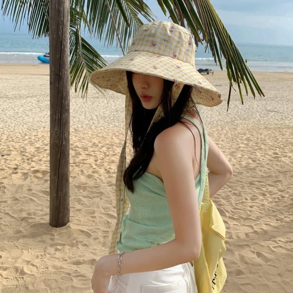 Wide-edged Bucket Hat Lace-up Sunscreen Hat Sweet Summer Cap  Women