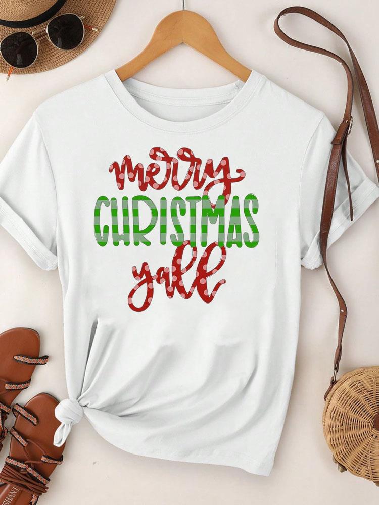 (Азиатский размер)  С Рождеством Футболка Топ фестиваль Новый год Праздник Повседневный милая надпись милый 90-е Женский принт Леди Короткий рукав Модные графические футболки