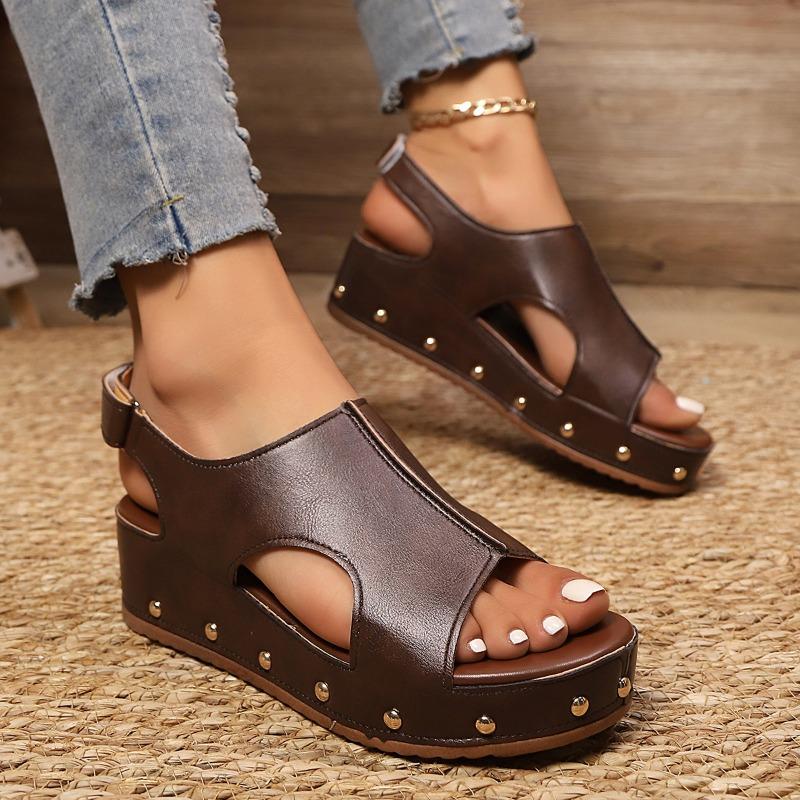 Summer New Summer Women's Platform Fish Mouth Sandals Large Size Velcro Rivets Muffin Women's Sandals