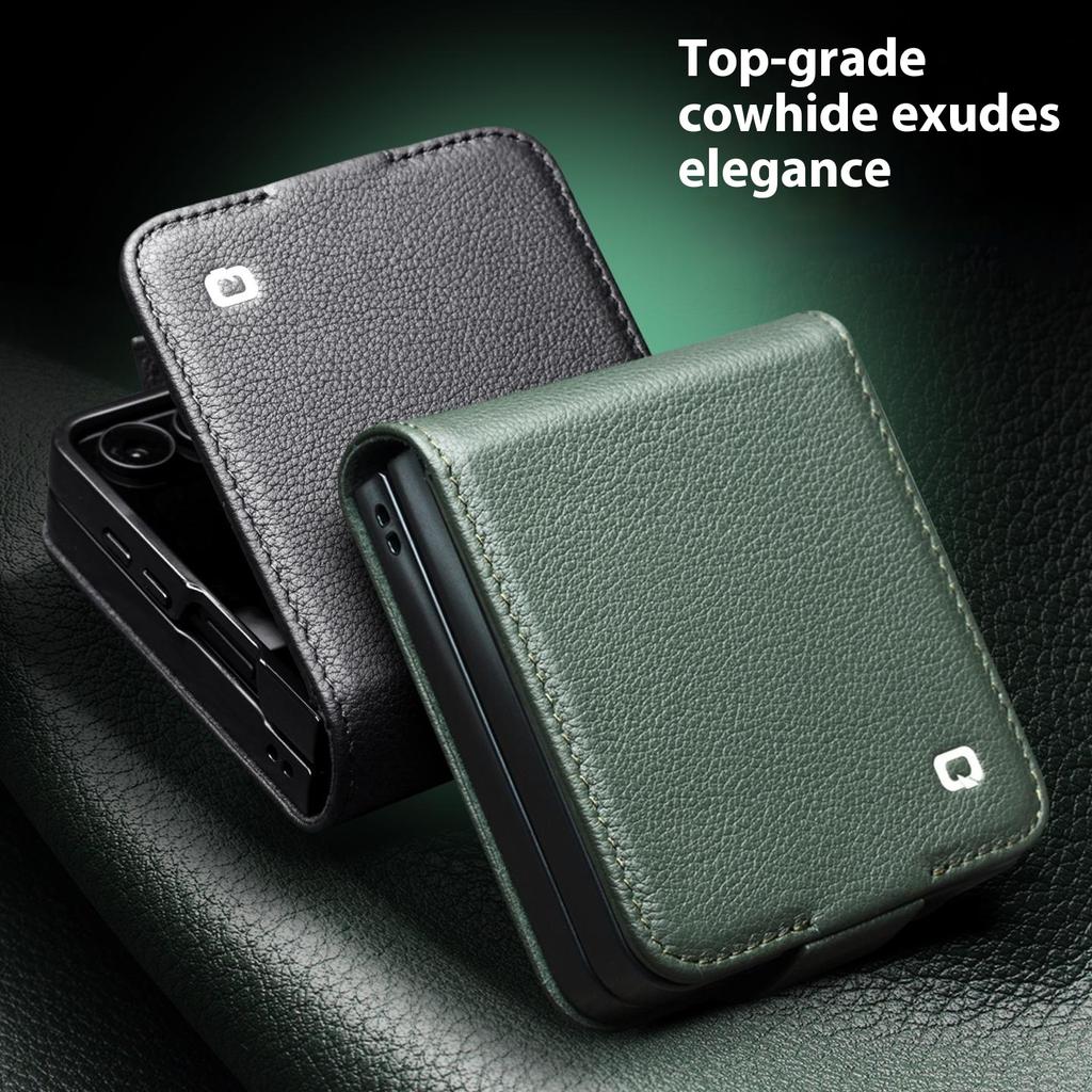 QIALINO For Samsung Galaxy Z Flip7 5G Case with Card Holder Genuine Cow Leather Stand Phone Cover