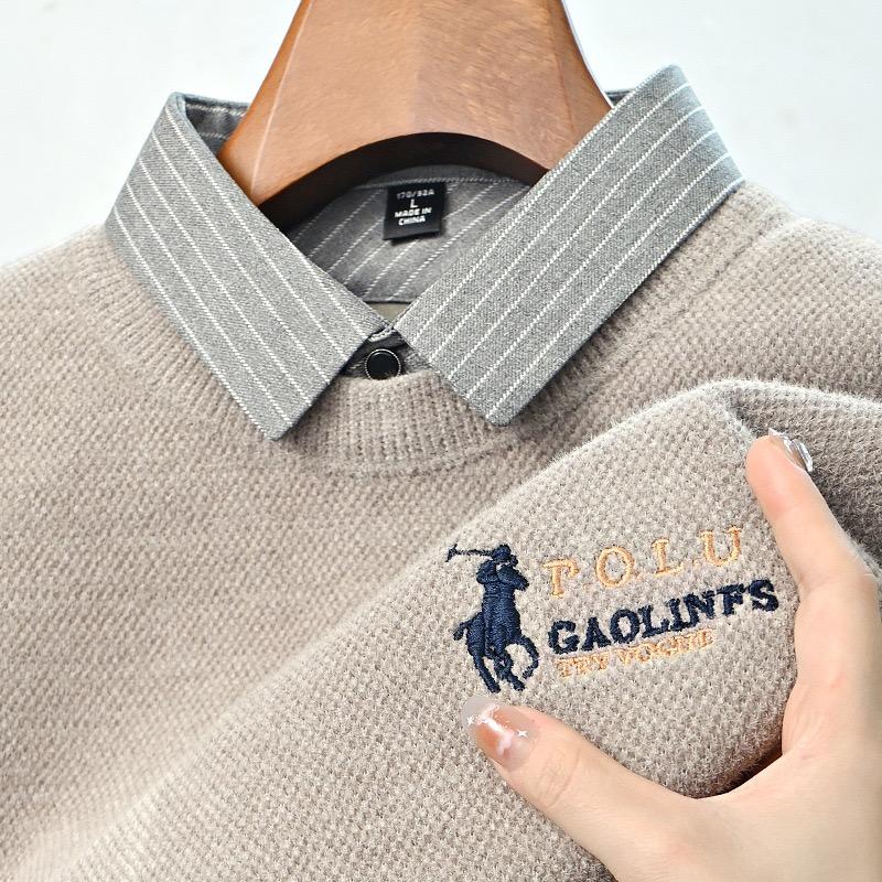 TrendHub Дизайнерское Качество Мужской Лацкан Поддельный Двойка Длинный Рукав Новая Вышивка Футболка Мода Бизнес Мужская Одежда